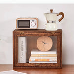 boîte souvenirs bois rustique porte vitrée présentoir organisation vases céramique livres horloge réveil