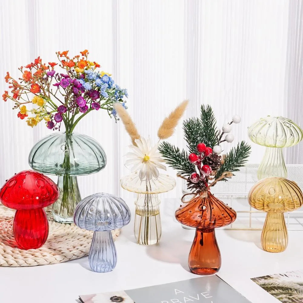 vases champignon moderne transparent rayures verticales marron rose vert rouge bleu orange