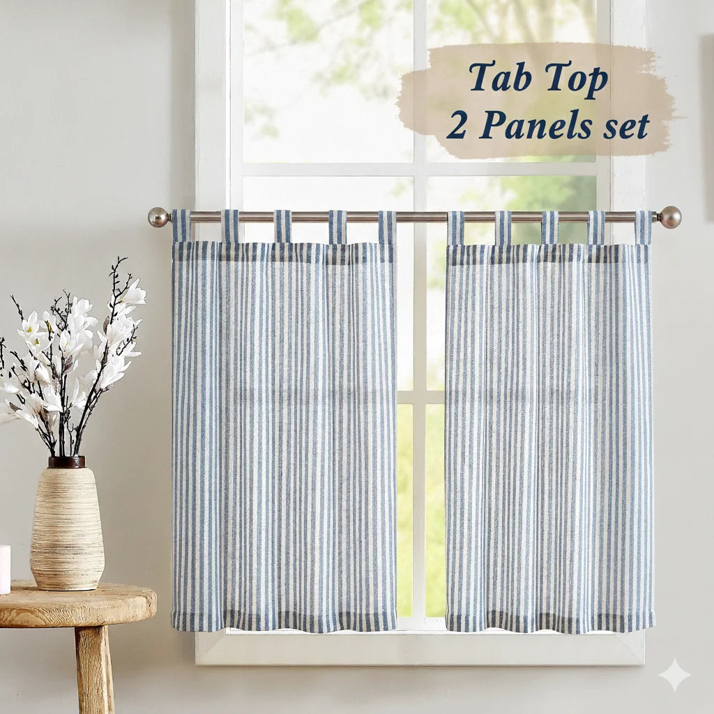 rideau tab top lin bleu marine blanc rayures moderne rustique pack deux pièces