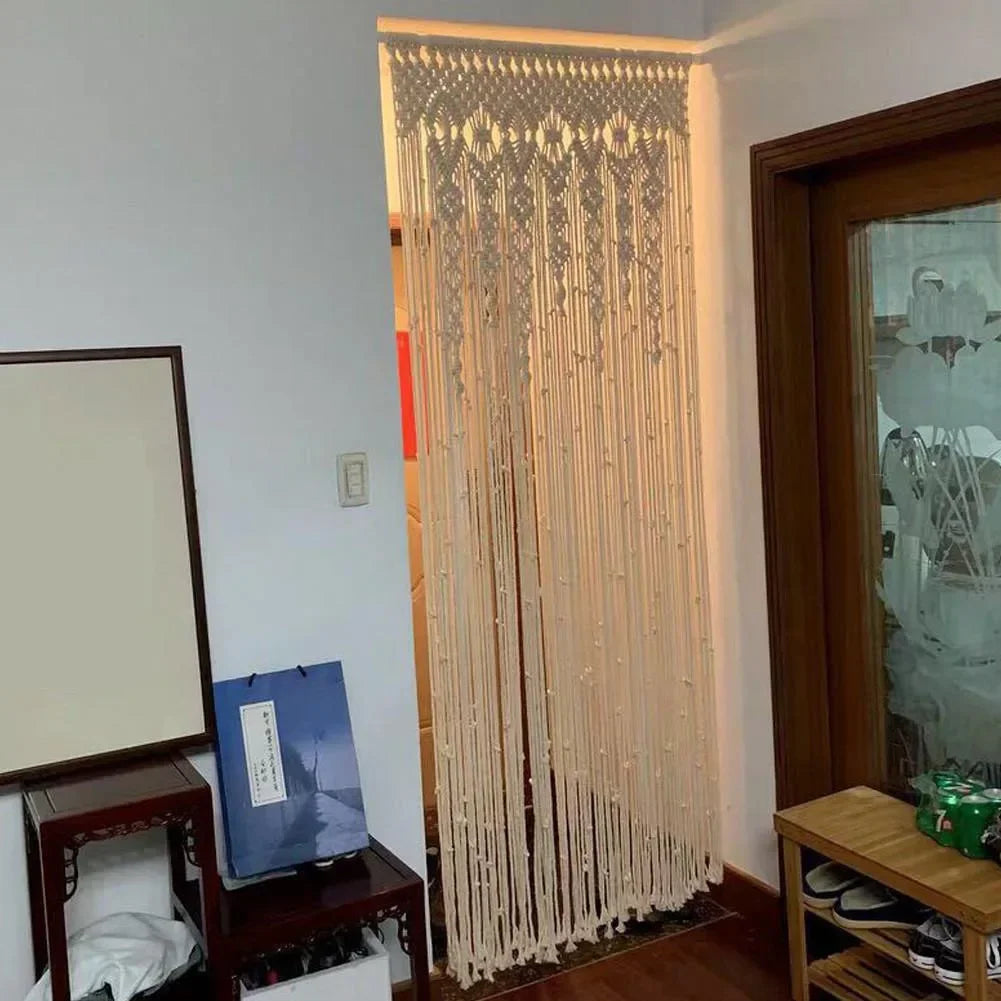 rideau macramé boho chic beige motifs géométriques 100x200cm opacité tissu coton polyester decoration interieur