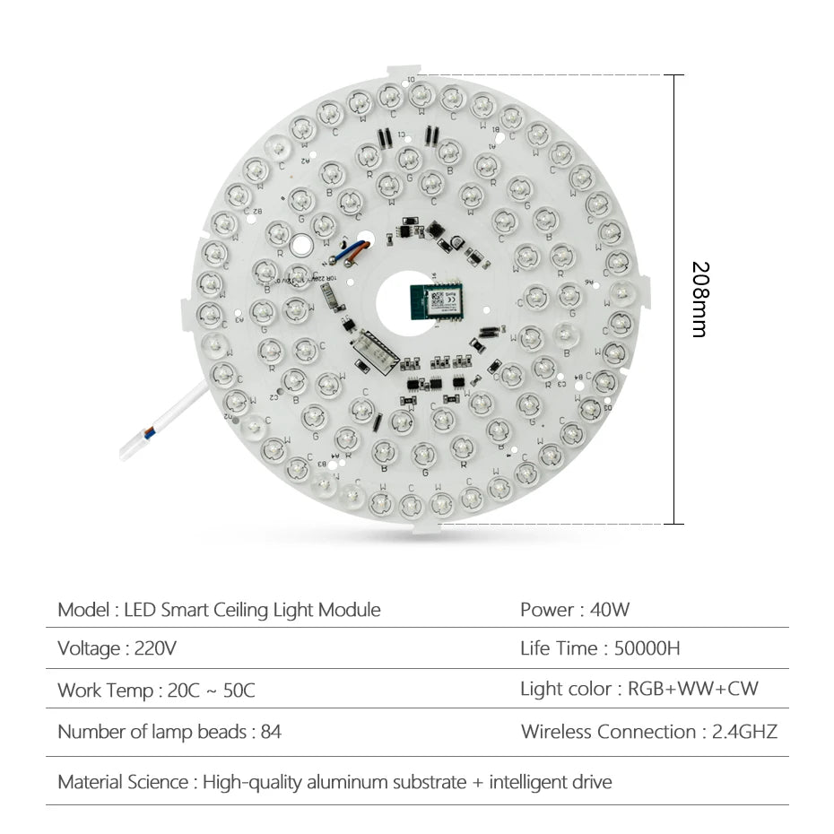 Module lumière LED intelligent blanc moderne diodes circulaire 220V RGBCW connectivité wifi gradation vocalisée
