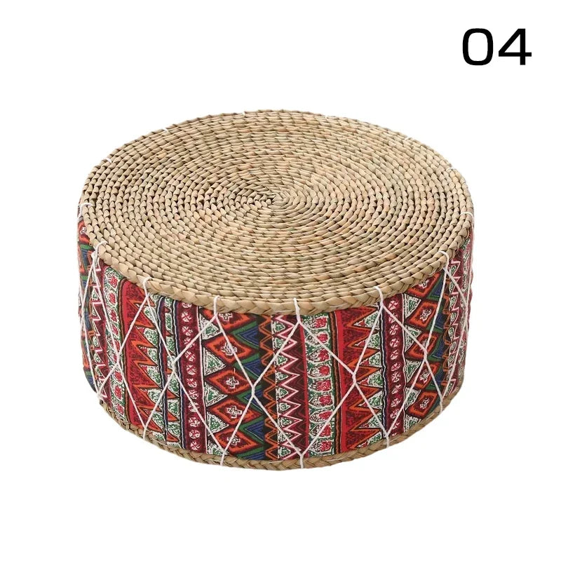 coussin futon rond tissé motifs géométriques beige bleu marine blanc boho rustique