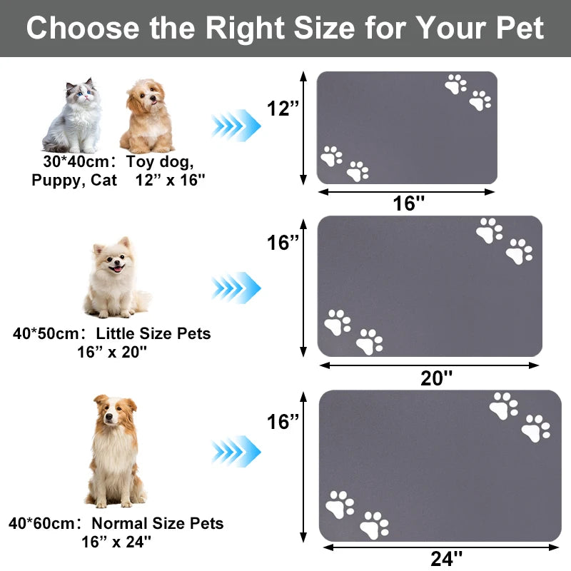 tapis nourriture animal gris imprimé pattes blanches moderne anti scratch rapide séchage super absorbant