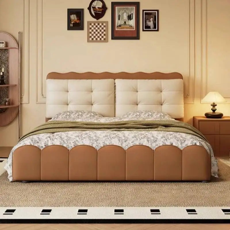 lit moderne simili cuir capitonné beige marron noir tiroirs intégrés