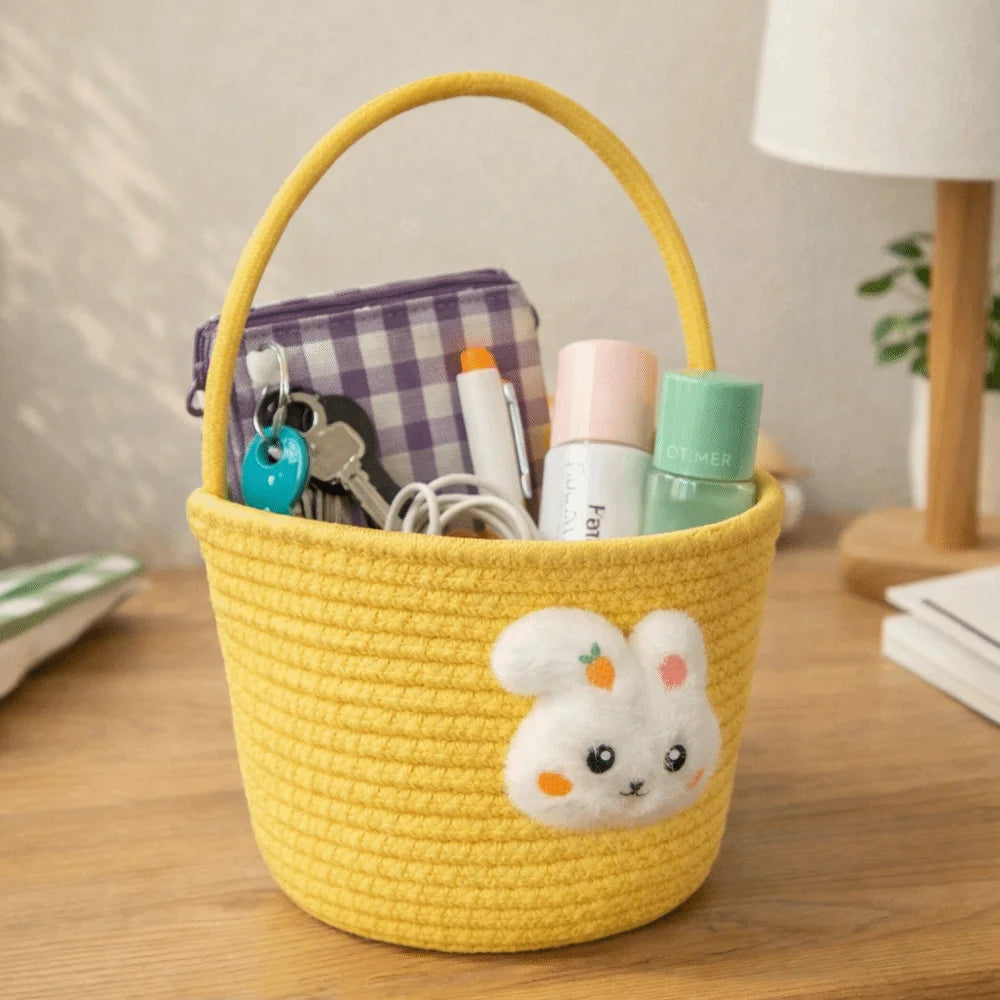 panier tressé réutilisable rose jaune bleu motif lapin festif décoration maison contenants cadeaux pâques