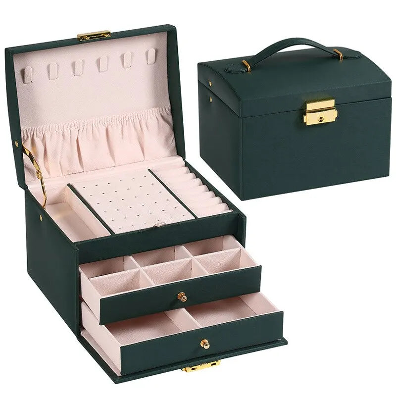 boîte bijoux cuir simili moderne poignée métallique dorée vert foncé rose pâle noir blanc