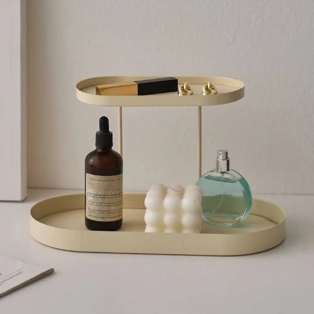 présentoir rangement cosmétique deux niveaux noir beige vert olive moderne minimaliste flacon parfum lotion