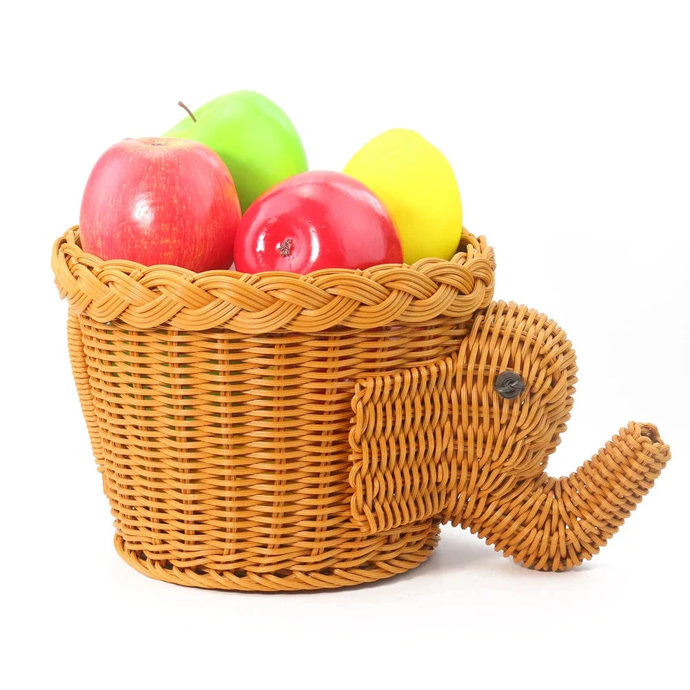 panier rangement tressé forme éléphant décoratif couleur beige marron fruits variés réutilisable respectueux environnement