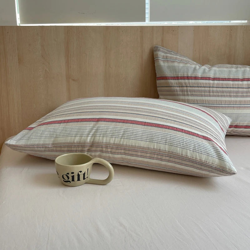 lot taies d'oreiller coton rayures rose clair modernes minimalistes douces lit maison
