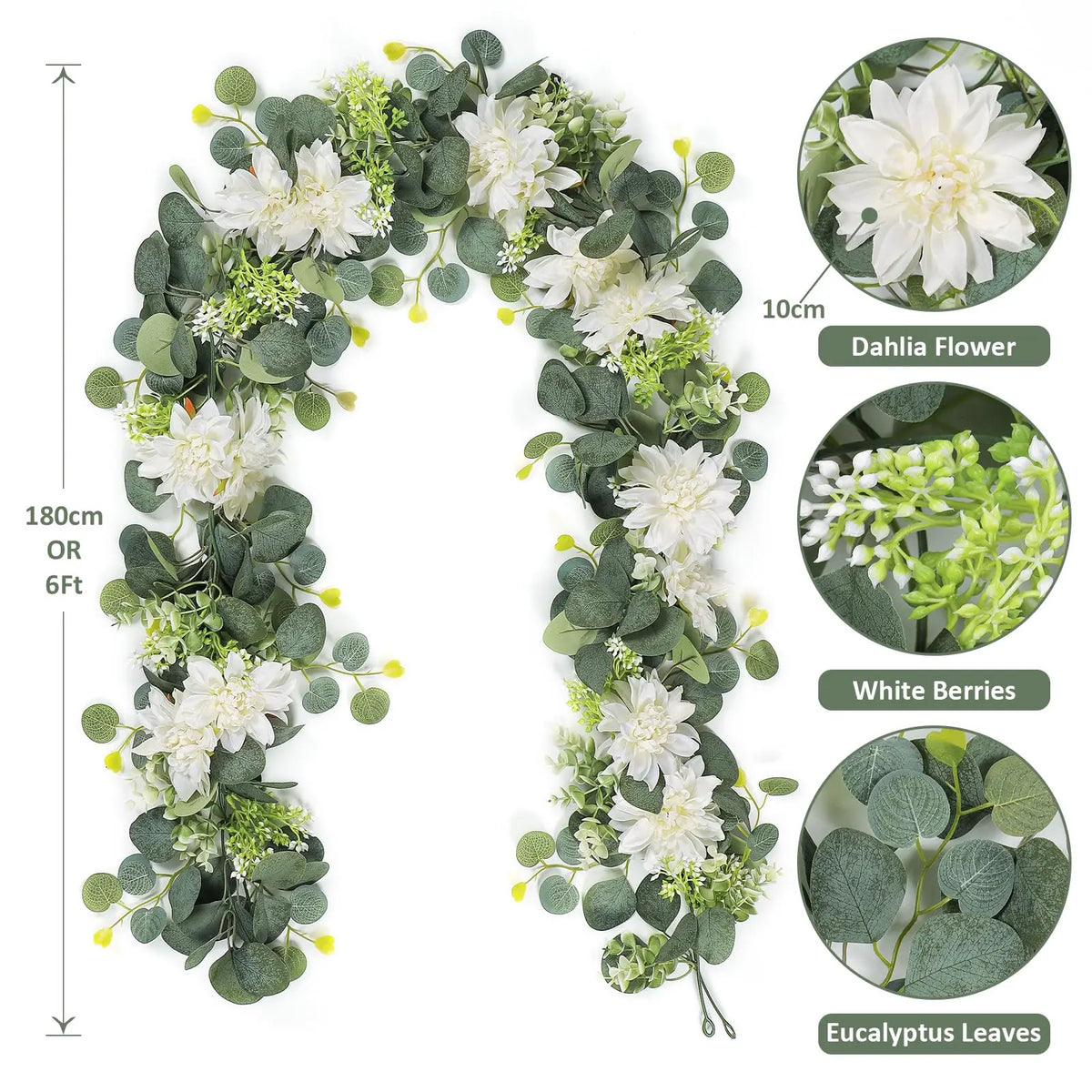 guirlande florale artificielle vertes feuilles blanches fleurs mariage romantique anniversaire baby showerintérieur