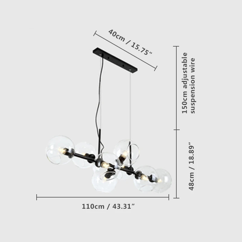 Suspension lumineuse nordique or noir boules transparentes ampoules LED 10m²