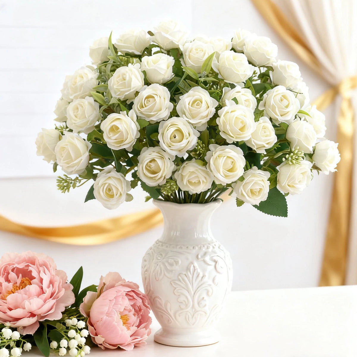 décoration extérieure moderne bouquet roses artificielles soie blanc rouge anniversaire mariage