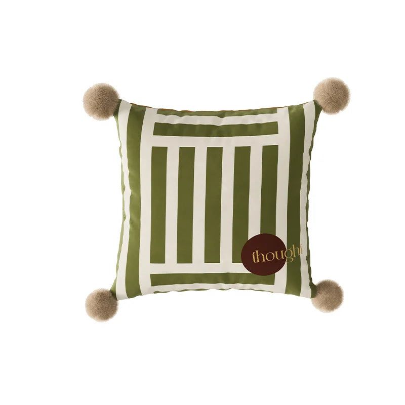 taie d'oreiller carrée velours moderne rayures pompons vert beige noir
