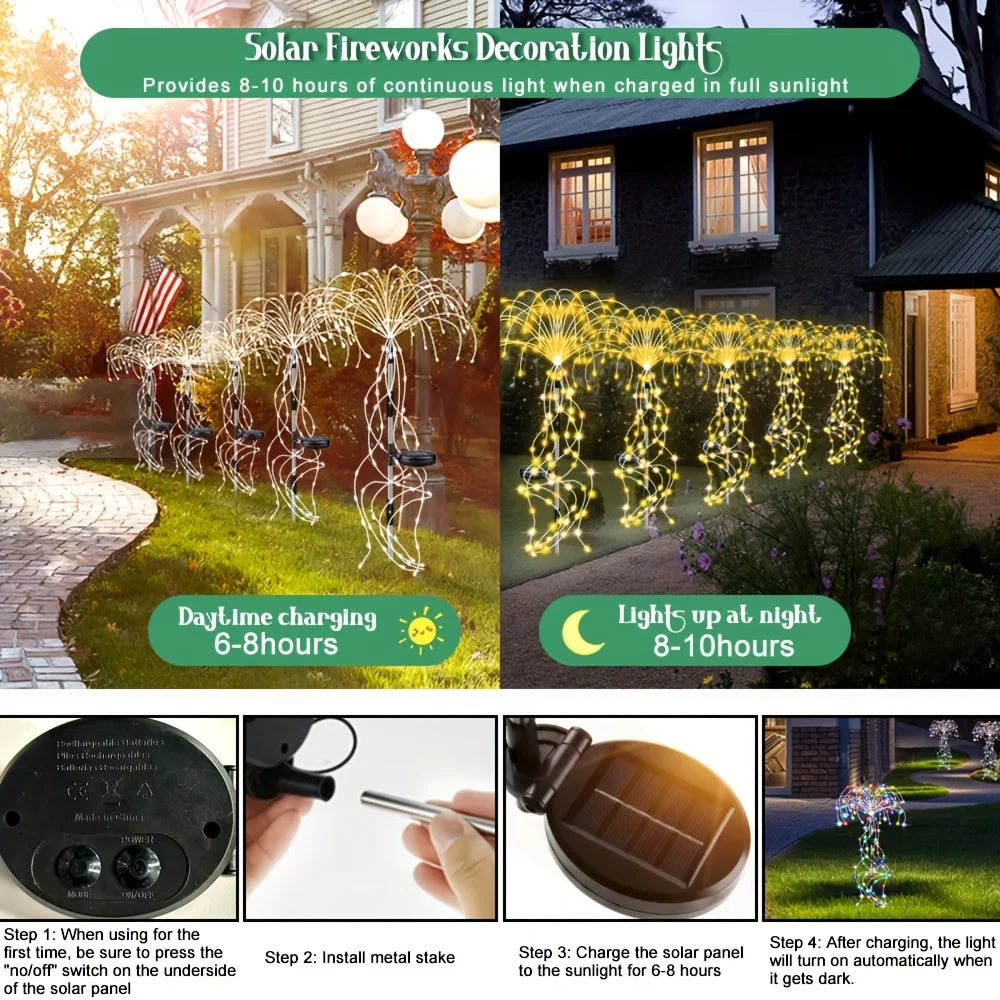 lampe solaire feu d'artifice multicolore blanc chaud extérieure ambiance festive nocturne jardin patio