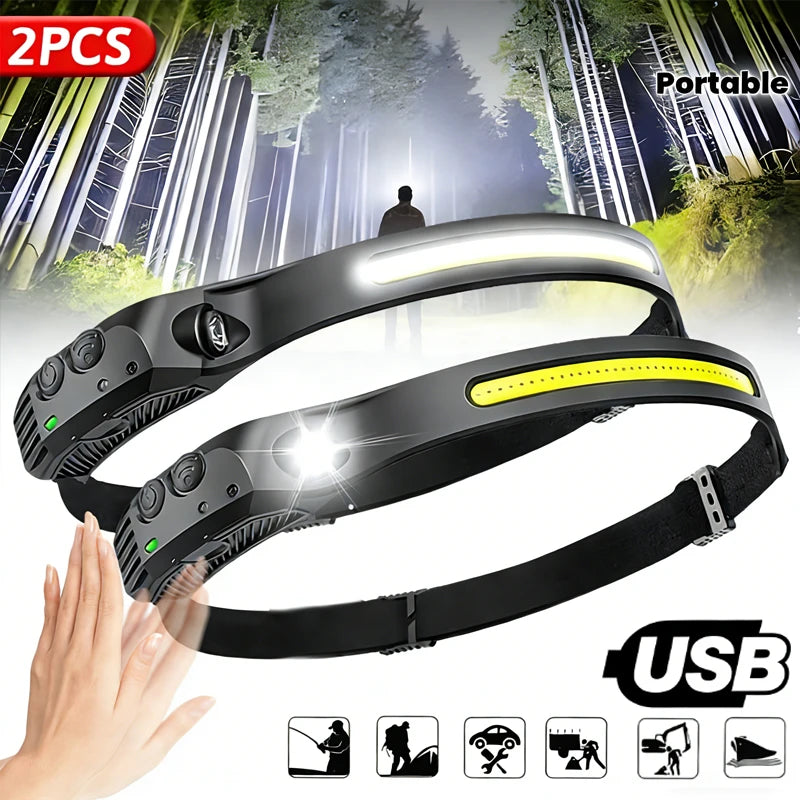 lampe frontale rechargeable noire rayures jaunes ceinture ajustable détecteur mouvement usb camping pêche recherche