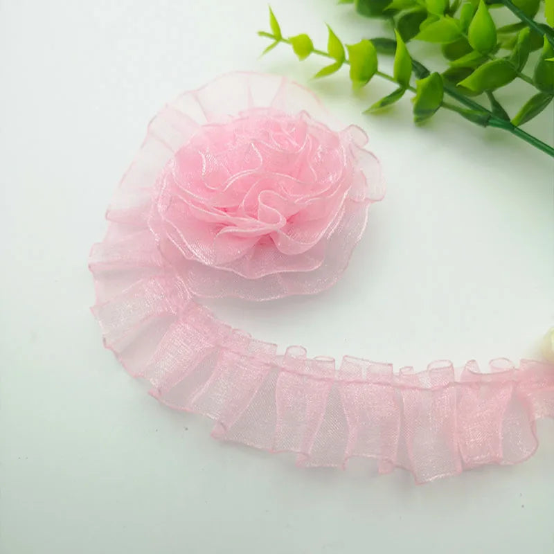ruban plissé polyester nylon largeur 25mm dentelle organza écologique élastique soluble eau bleu rose