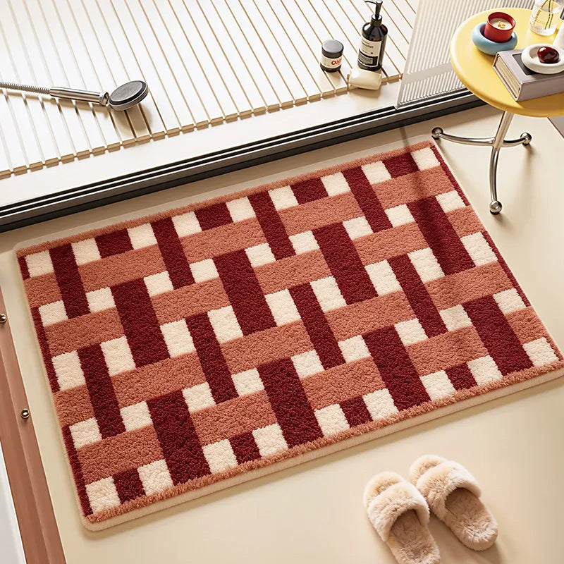 tapis bleu moderne carreaux géométriques résistant saleté imperméable entrée maison