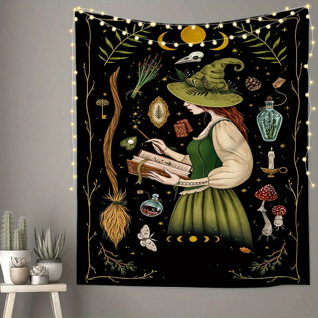 tapisserie murale sorcière motifs magiques astrologiques noir vert chambre salon