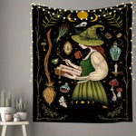 tapisserie murale sorcière motifs magiques astrologiques noir vert chambre salon
