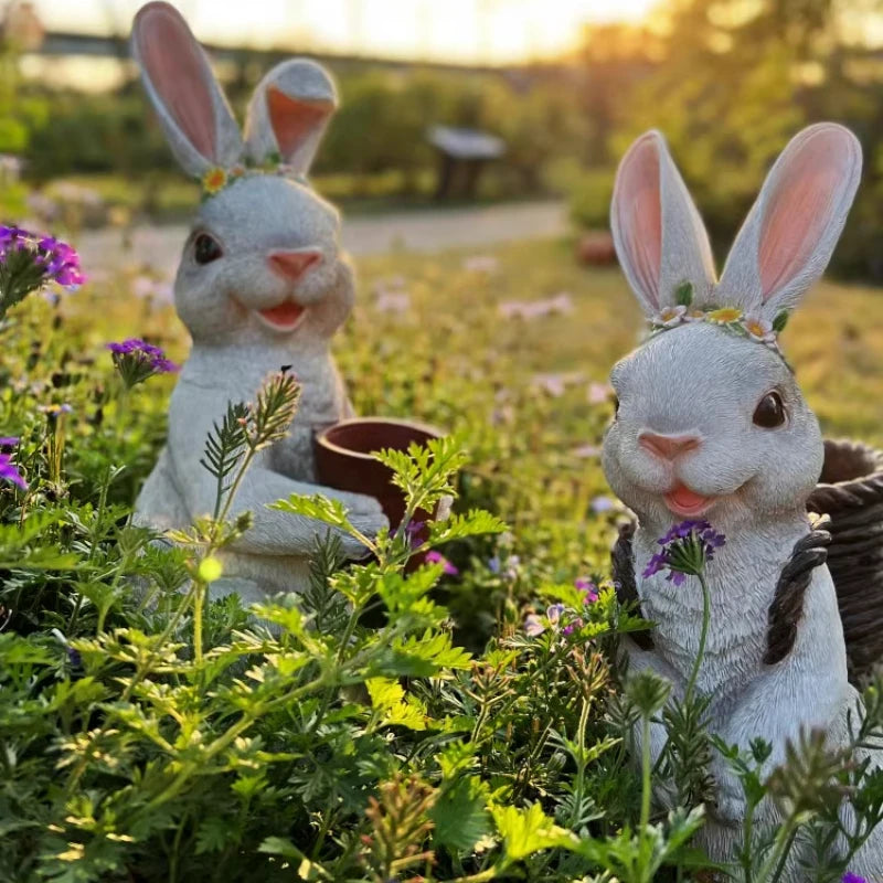 statue lapin résine gris clair oreilles tissu pot fleurs couronne colorée jardin décorationextérieur