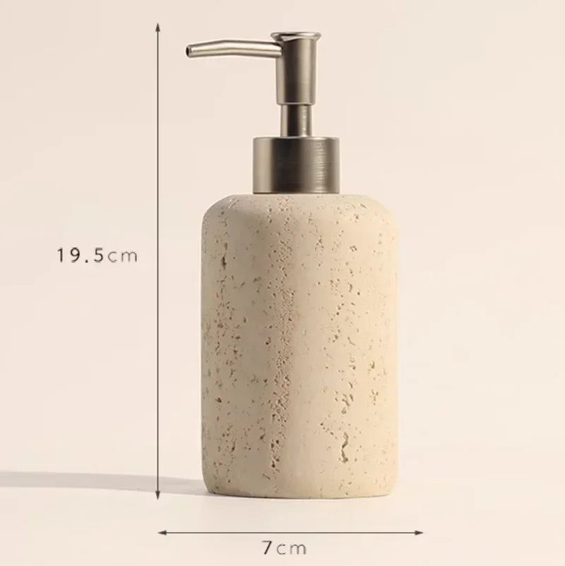 ensemble produits salle bain moderne céramique beige clair porte brosse dents diffuseur parfum distributeur