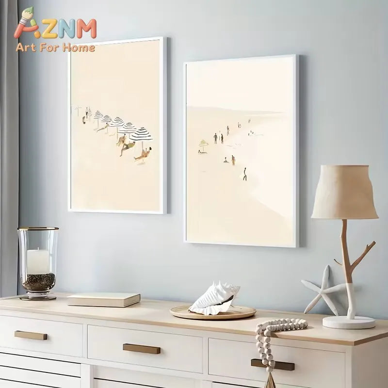 affiches toile plage minimaliste personnages parasols aquarelle deco moderne sans cadre orange rouge