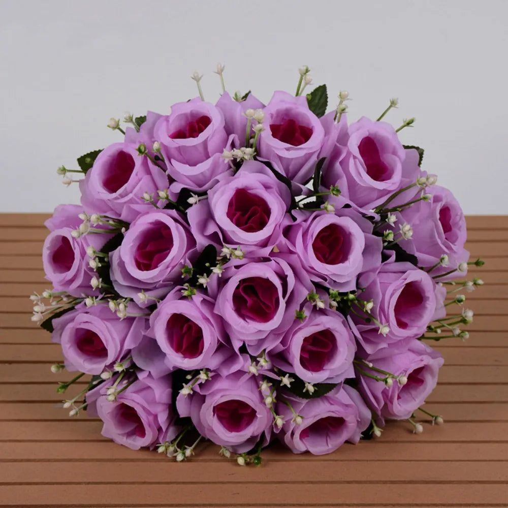 décoration intérieure bouquet roses artificielles 18 fleurs 37cm vert clair violet rose