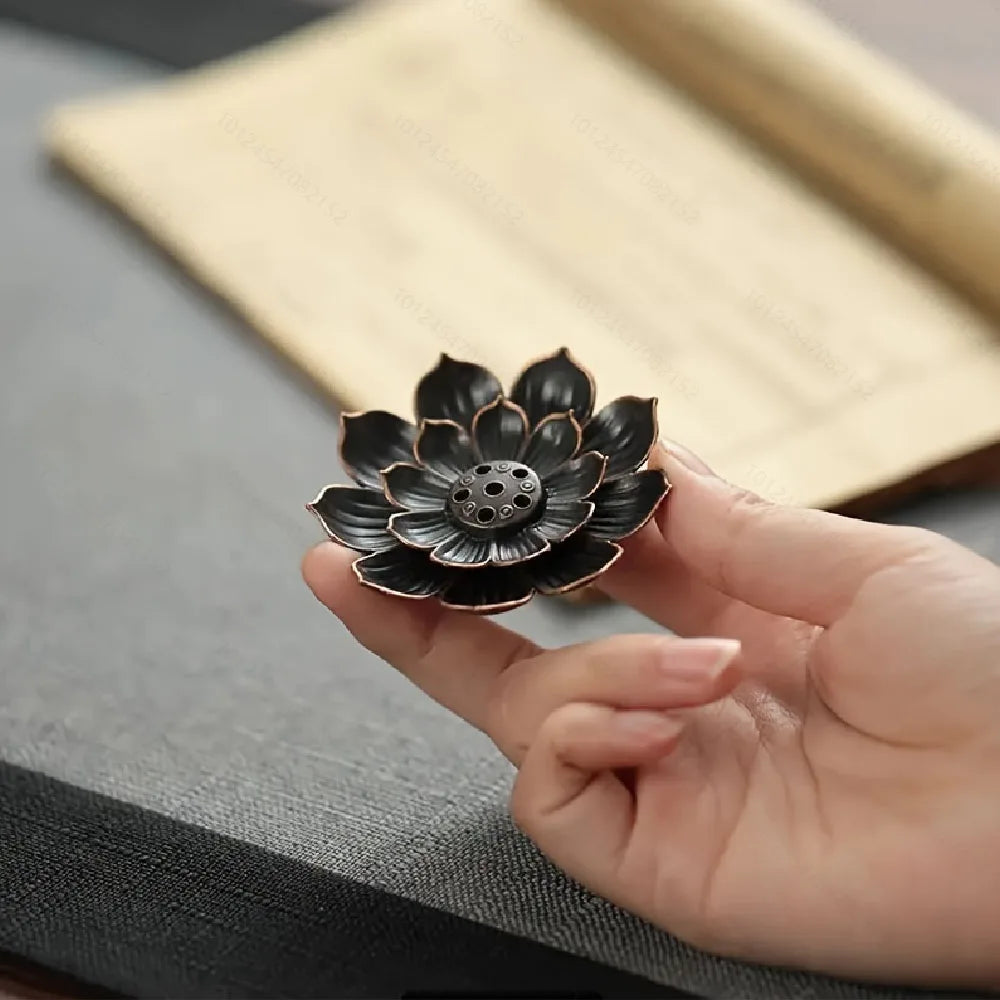 support encens fleur lotus noir doré artisanal salon zen brûleur aromathérapie deco maison