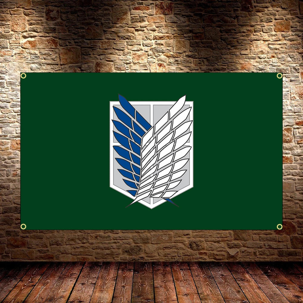 drapeau bannière emblème ailes bleues vert foncé dorés décoration intérieure extérieure polyester super tex