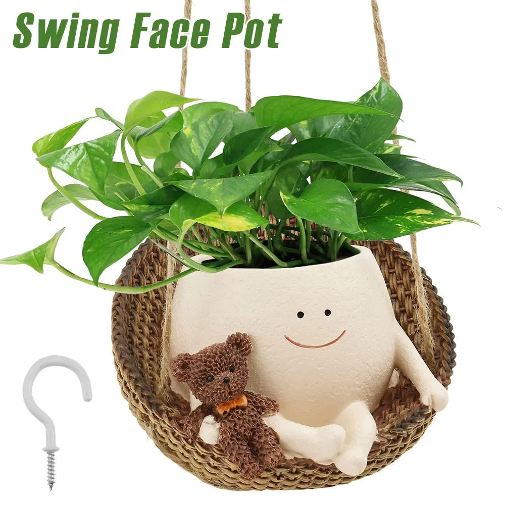 pot fleurs suspendu décoration faciale souriante ours peluche panier tressé plantes vertes corde crochet