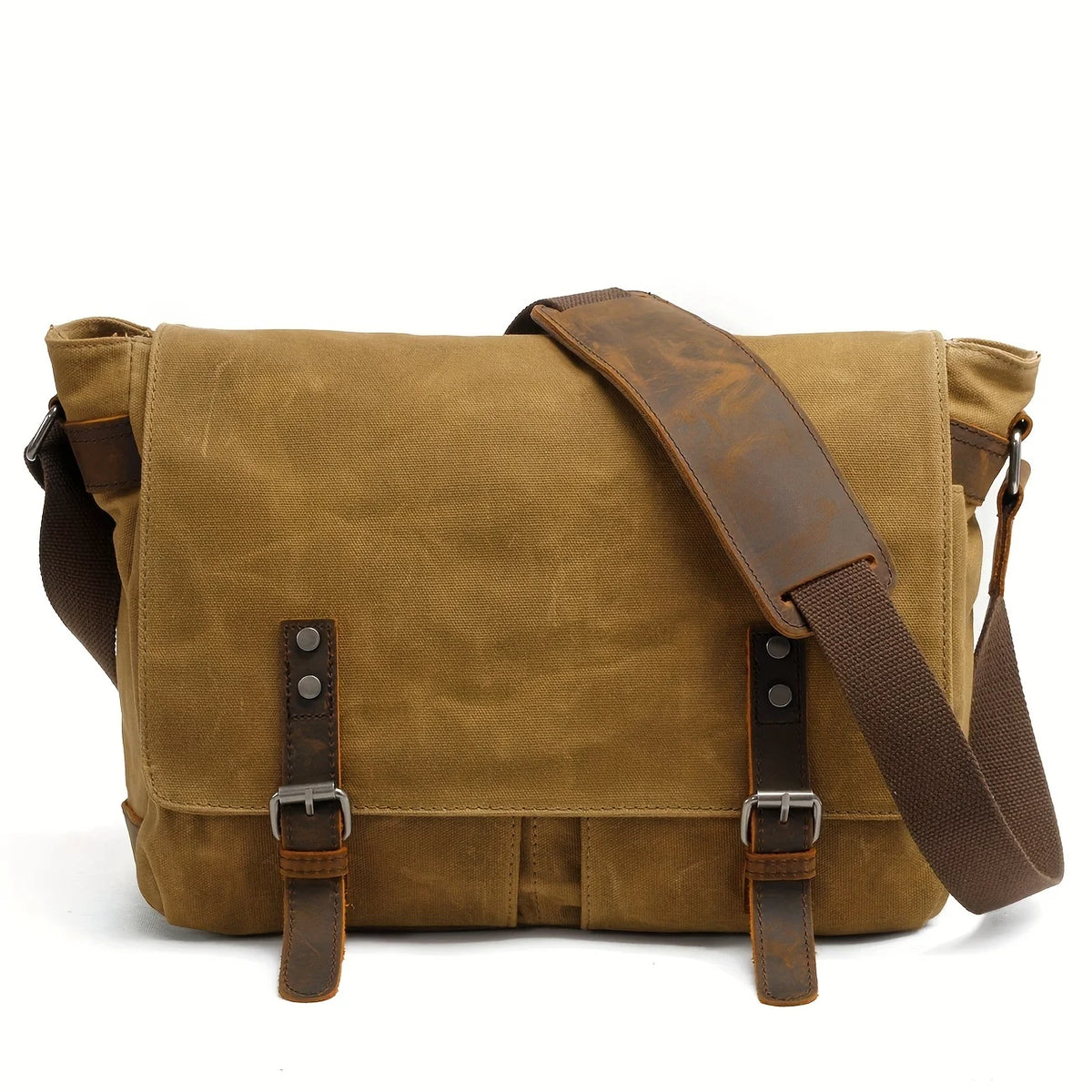 sac bandoulière toile grunge vintage vert olive marron clair boucles métalliques poches intérieures doux