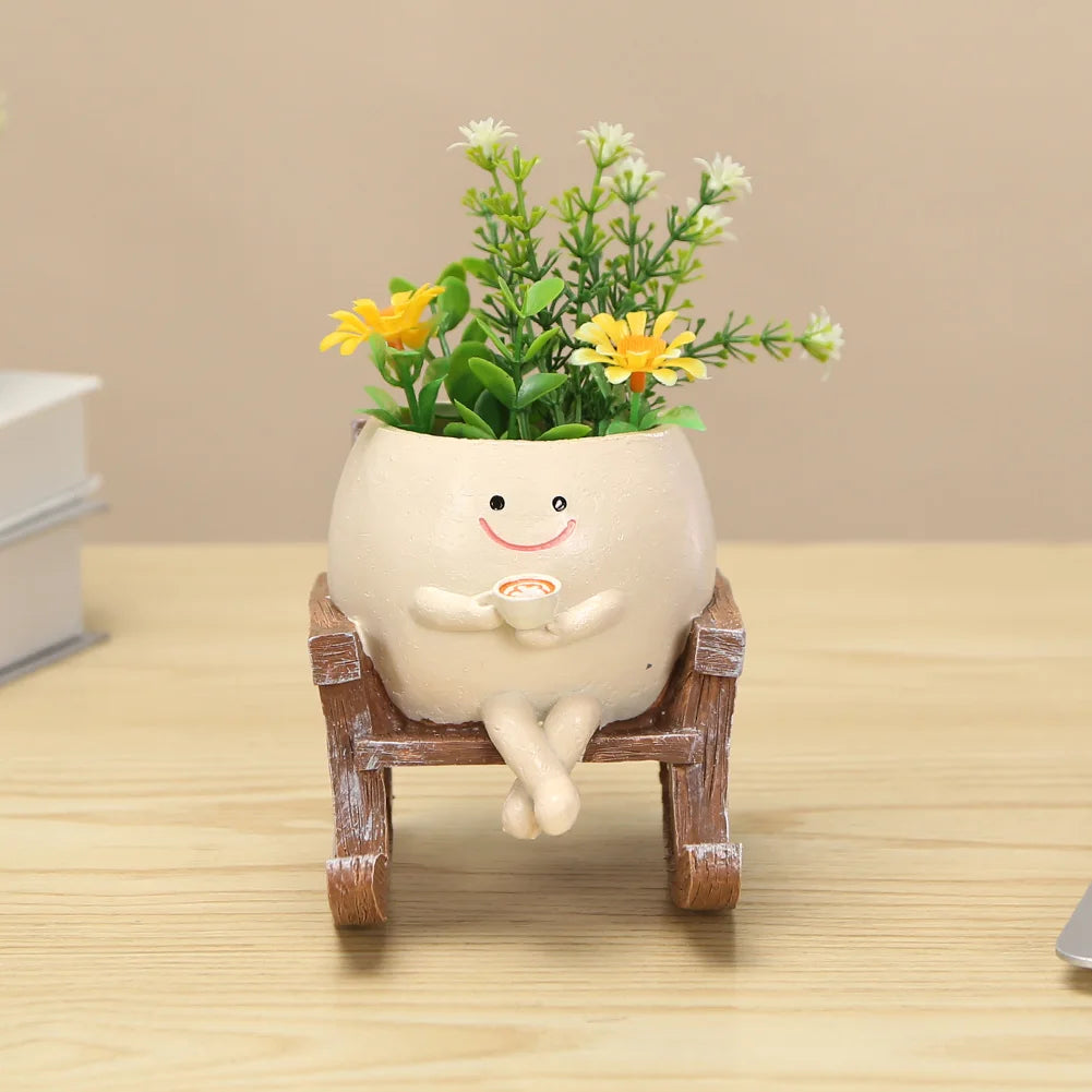 pots fleurs résine forme chaise bascule plantes artificielles vert marron crème décoration extérieure intérieure