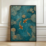 tableau moderne oriental poissons libellules feuilles lotus couleur bleu doré beige sans cadre
