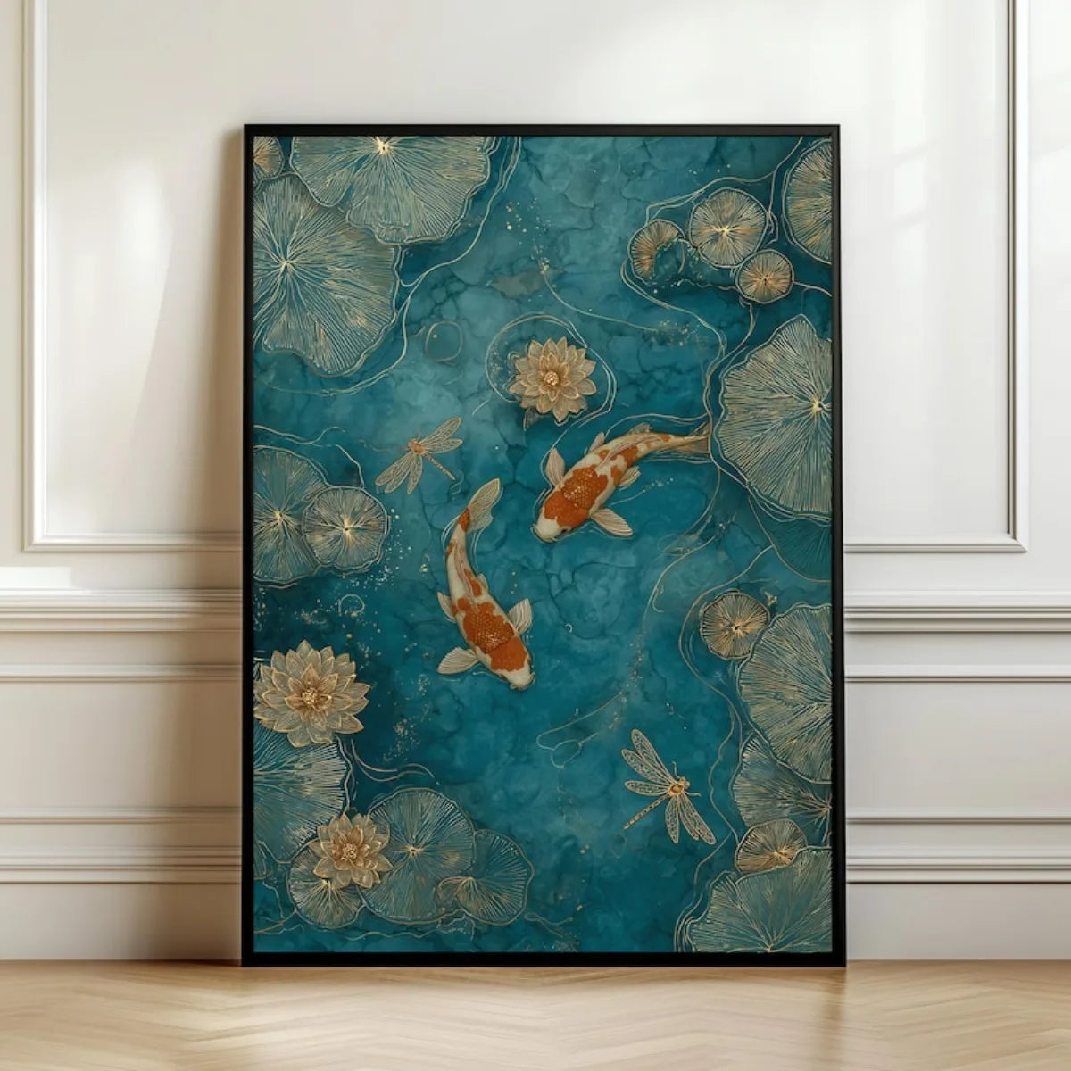 tableau moderne oriental poissons libellules feuilles lotus couleur bleu doré beige sans cadre