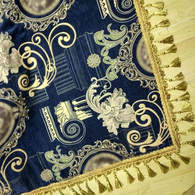 serviette classique bleu marine ornement baroque fleurs tassel doré laine coton large