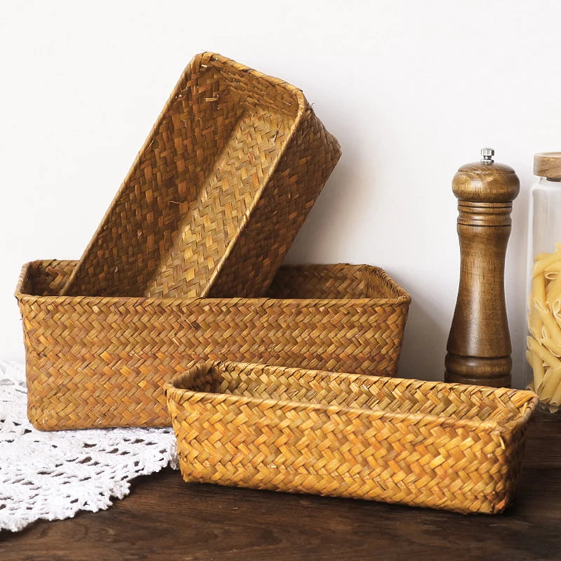 panier rangement paille marron clair rustique multifonctionnel réutilisable respectueux environnement tổ chức đồ dùng
