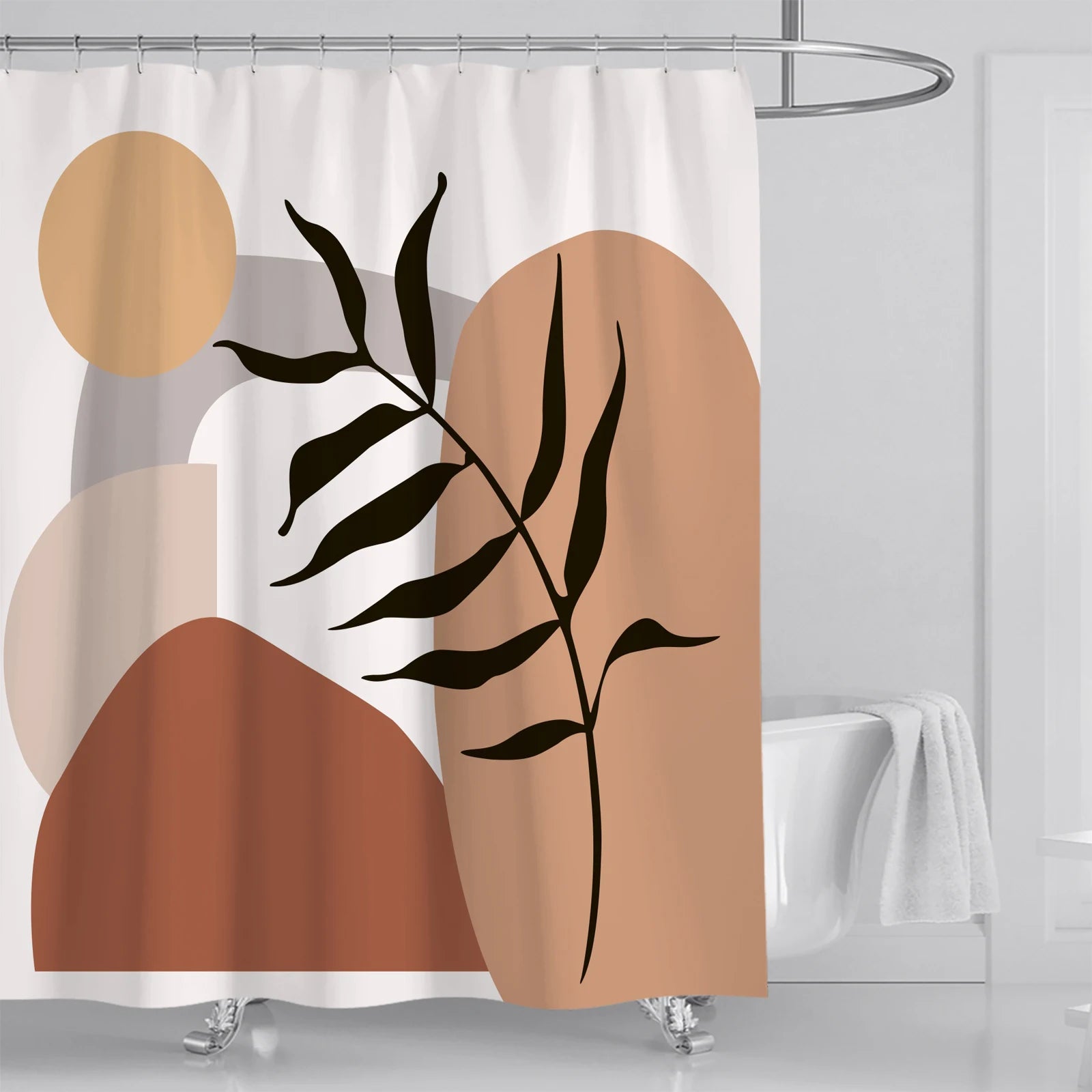 Rideau de douche moderne avec design abstrait et géométrique en tons naturels, idéal pour embellir votre salle de bain avec une touche artistique et contemporaine. Motifs de formes organiques et végétales, parfait pour créer une ambiance apaisante et élégante. Accessoire de décoration tendance pour salle de bain.