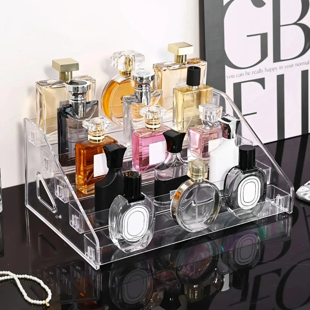 rangements cosmétiques transparents multi niveaux acrylique vernis parfums modernes épurés maison salon.storage.display.racks