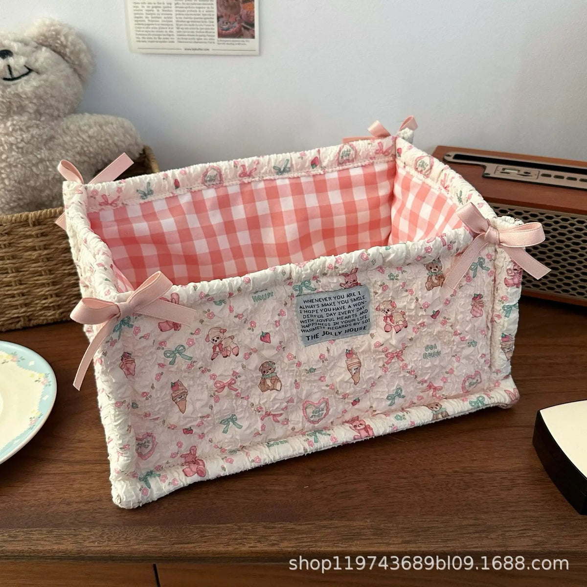 paniers rangement vichy ours fleurs blanc rose violet texturés rubans décoratifs organisateur cosmétiques