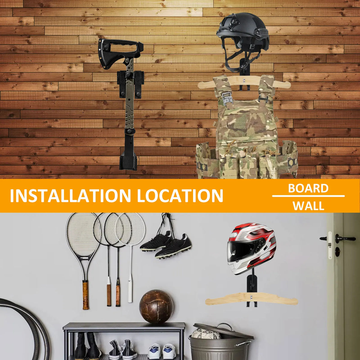 support rangement rotatif casque moto moderne vis écrous noir texture bois
