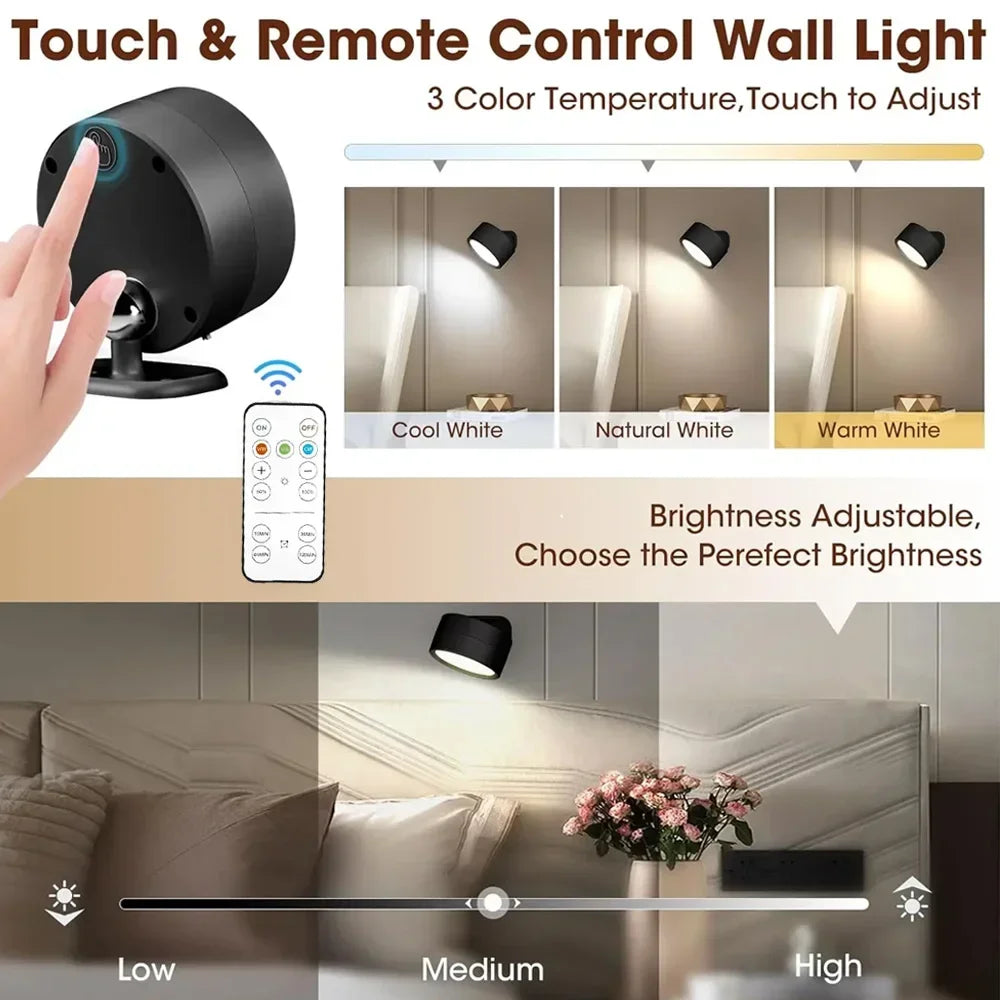 lampe murale moderne rechargeable tactile noire adhésive led 360° rotation chambre cuisine