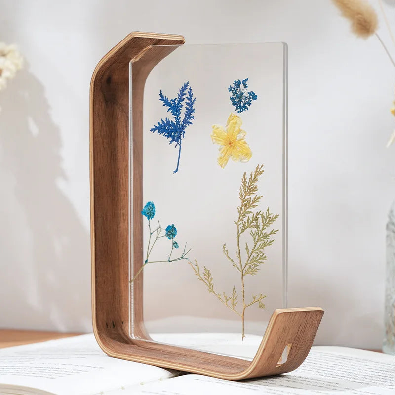 support livre transparent feuilles séchées fleurs séchées moderne minimaliste