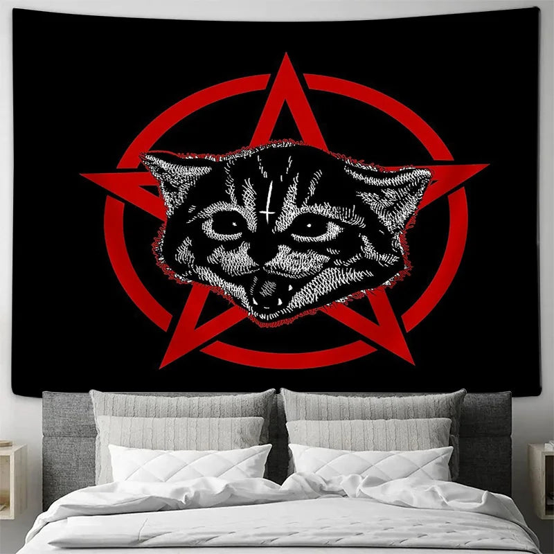 tapisserie murale gothique chat yeux croix géométrique noir rouge gris contemporain graphique decoration chambre