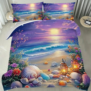 housse couette motif plage coquillages 3d violet bleu taies d'oreiller ensemble lit tropical