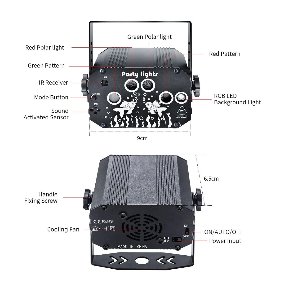projecteur laser noir imprimé blanc moderne interrupteur modes capteur son ventilateur poignée fixations tringle