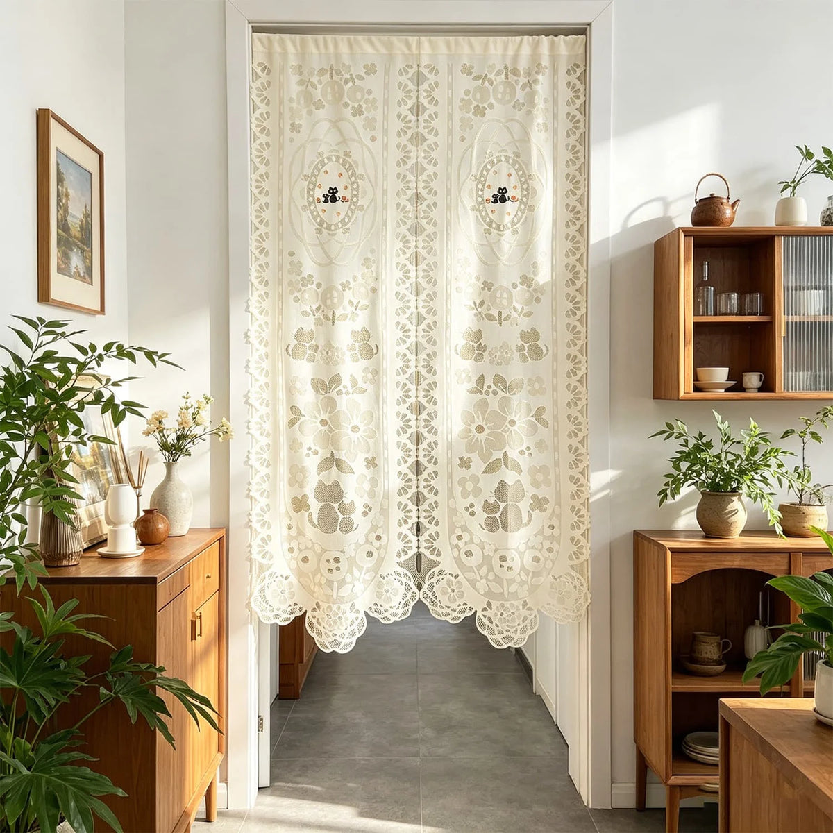 rideau fleur papillon brodé traditionnel beige clair semi transparent boho cottagecore fenêtre cuisine chambre