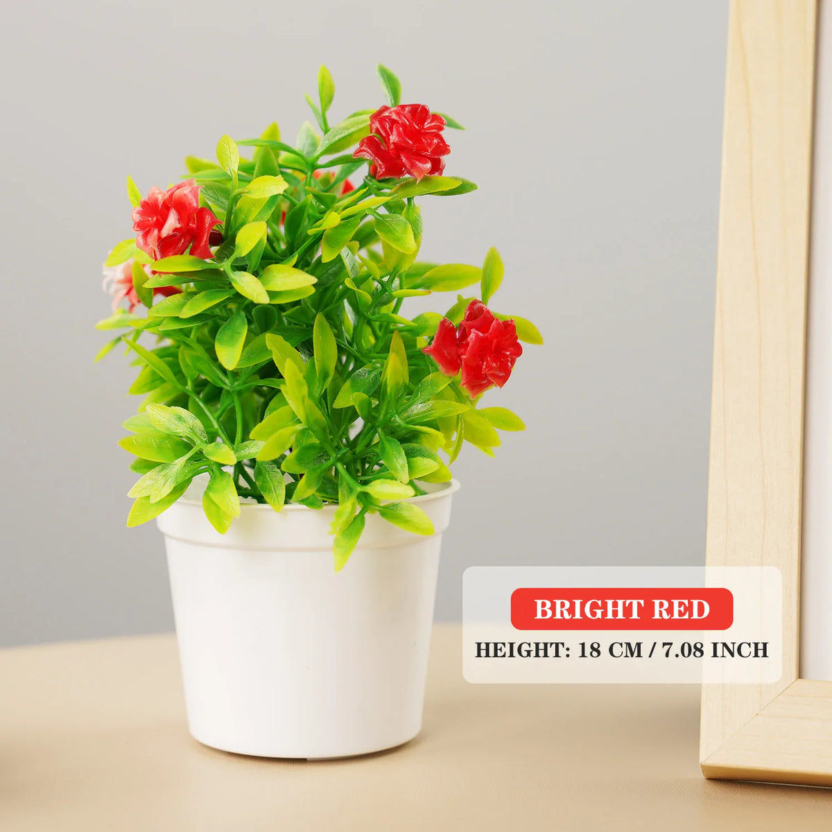 plante artificielle bonsaï pot blanc feuilles vertes fleurs rouges violettes décoration intérieure extérieure moderne