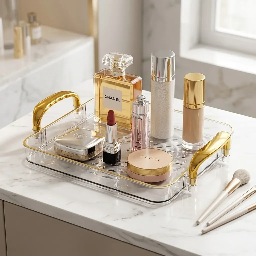 plateau rangement cosmétique transparent texture diamant moderne élégant poignées dorées poudre rouge crème parfum