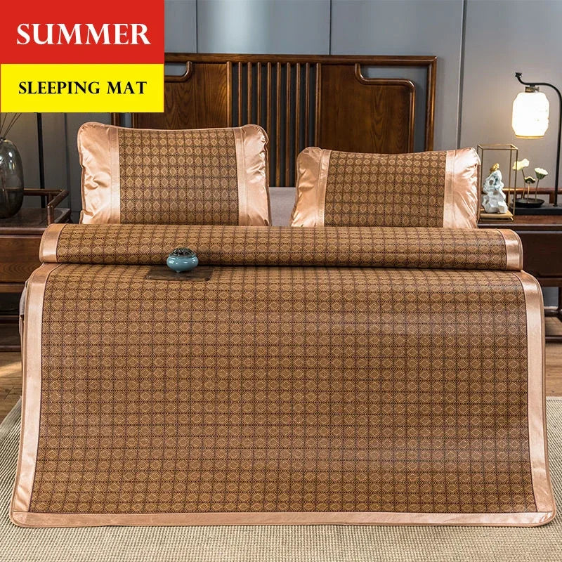 matelas sommeil rotin bambou beige marron carreaux géométriques coussins lit double