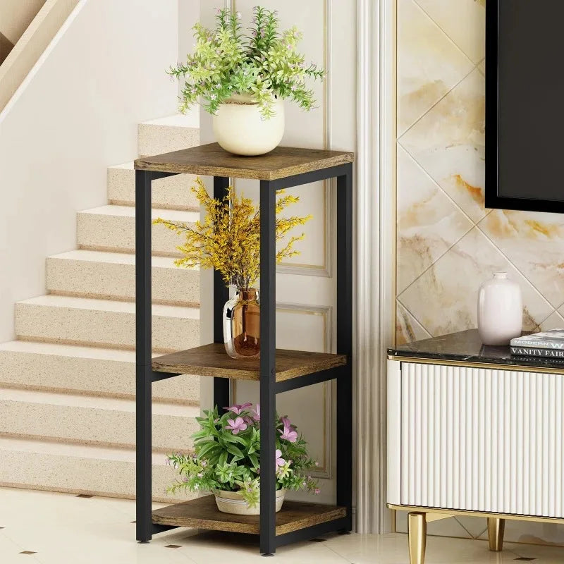 étagère industrielle trois niveaux bois naturel noir ajustable intérieure plante pot fleur salon decoration